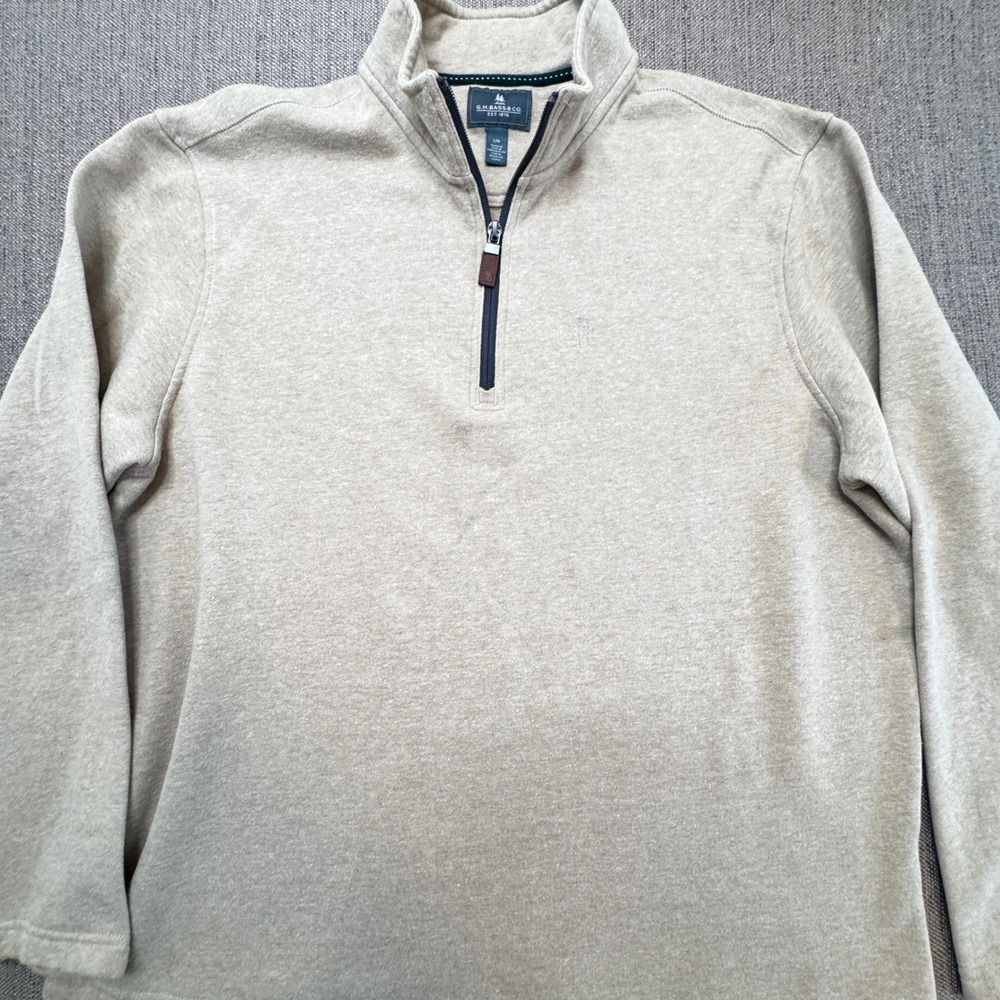 GH Bass & Co Mens Tan Heather Quarter Zip Pullover Sweater Large Logo 1086